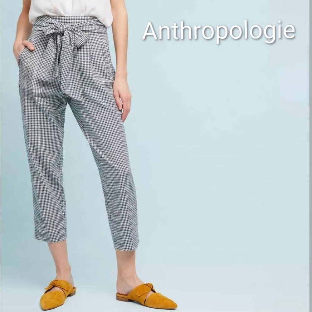 Cartonnier by Anthropologie Tie-Waist Gingham Trousers 12 Picnic Cropped Pants